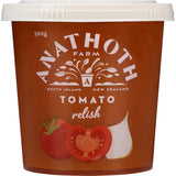 A jar of Anathoth Farm Tomato Relish made with ripe tomatoes, ideal for enhancing sandwiches and burgers.