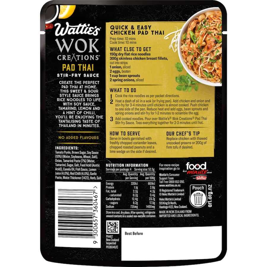 Wattie's Wok Creations Pad Thai sauce bottle, showcasing vibrant Thai flavors for quick and easy stir-fry meals at home.