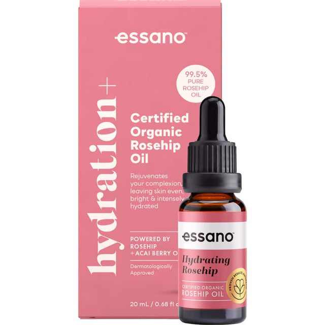 Essano Certified Organic Rosehip Oil: luxurious facial oil for deep hydration, reducing scars, fine lines, and enhancing radiance.