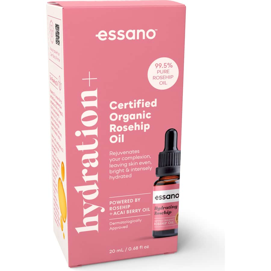 Bottle of Essano Certified Organic Rosehip Oil for deep hydration, improving skin texture, and reducing the appearance of scars and fine lines.