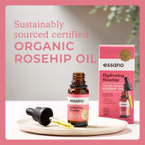 Essano Certified Organic Rosehip Oil bottle, featuring deep hydration, nourishment, and skin glow benefits for all skin types.