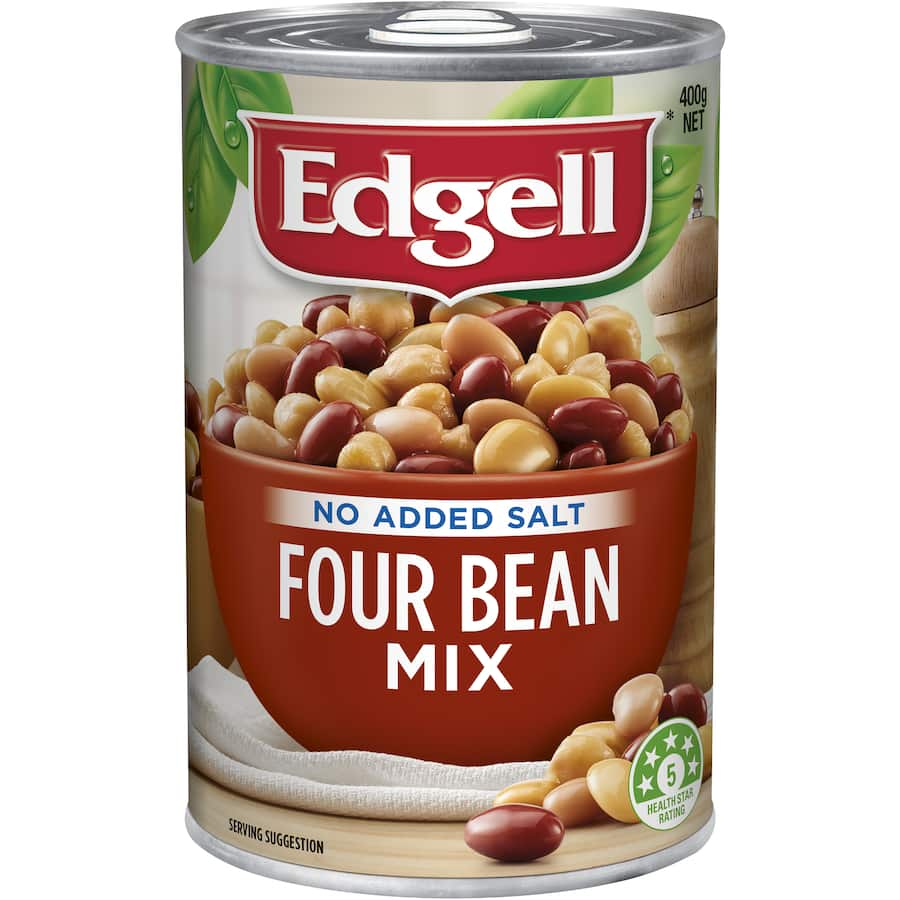 Colorful Edgell Four Bean Mix featuring butter, chickpeas, kidney, and lima beans; nutritious, low-fat, and no added salt.