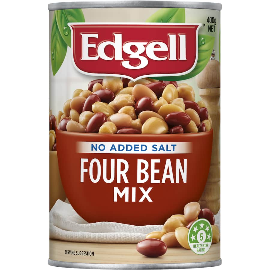 Colorful Edgell Four Bean Mix featuring butter beans, chickpeas, red kidney beans, and baby lima beans, low in fat and salt.