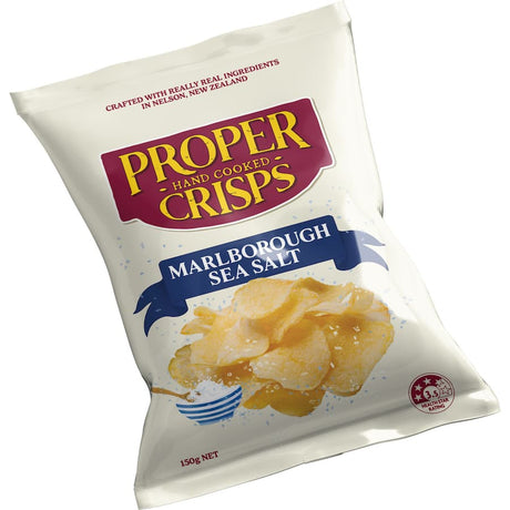 Crispy Proper Crisps Chips with Marlborough sea salt, made from 100% NZ potatoes, vegan, gluten-free, and guilt-free snack.