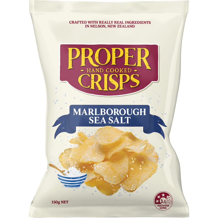 Proper Crisps Marlborough Sea Salt chips, a gluten-free, vegan snack made from 100% NZ potatoes, perfect for any occasion.