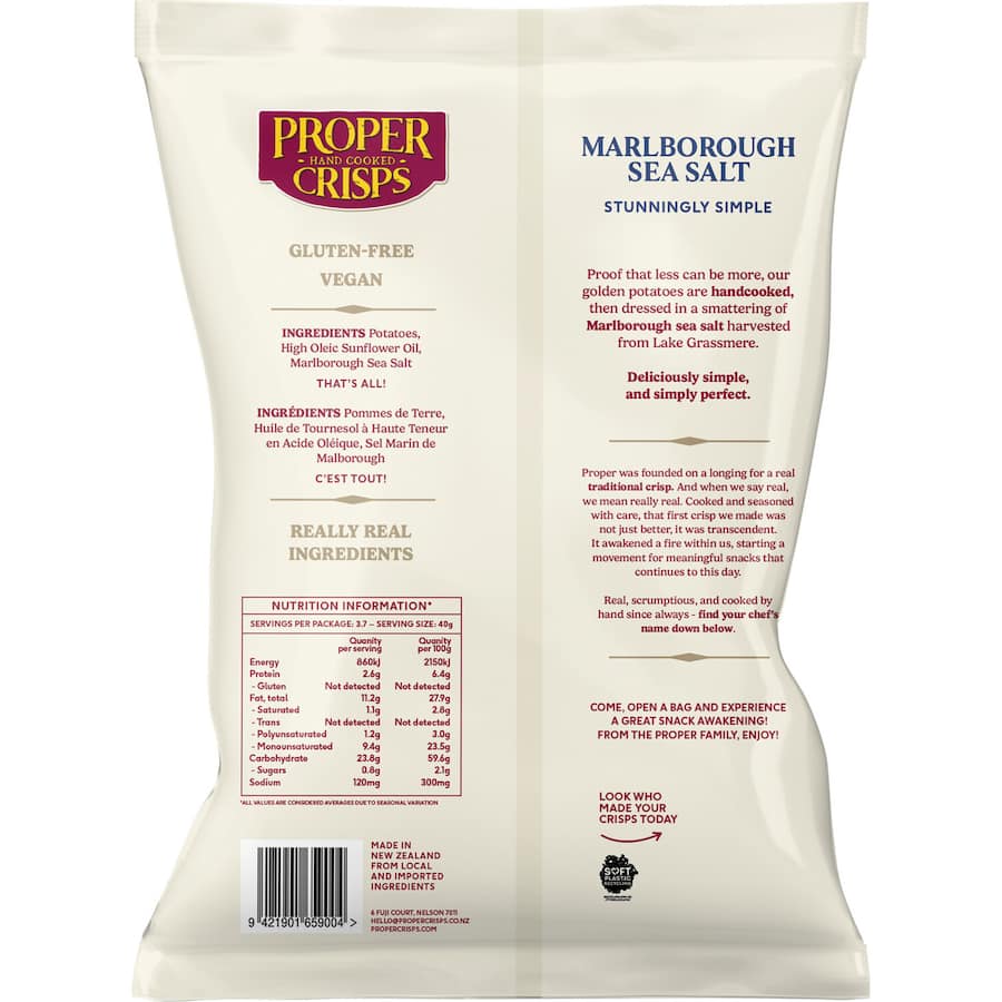 Proper Crisps Chips with Marlborough Sea Salt, made from New Zealand potatoes, gluten-free, vegan, and delightfully crunchy.