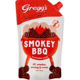 Bottle of Greggs Smokey BBQ Sauce, featuring a rich, smoky flavor perfect for enhancing grilled meats and veggies.