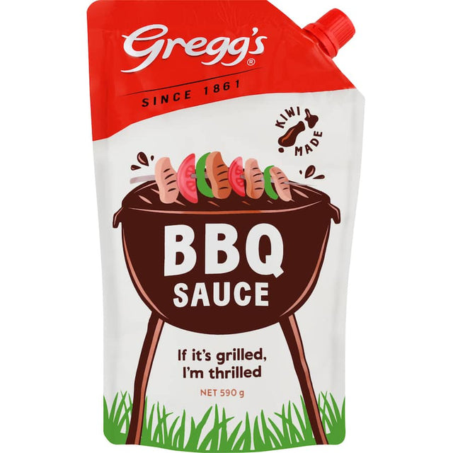 Classic Greggs BBQ Sauce in a bottle with a pourable nozzle, perfect for grilling and enhancing flavors at cookouts.