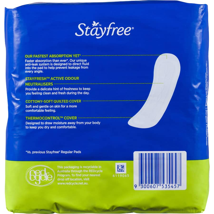 Stayfree Pads Regular No Wings: soft, absorbent menstrual pads with odour neutralisers for comfortable all-day protection.