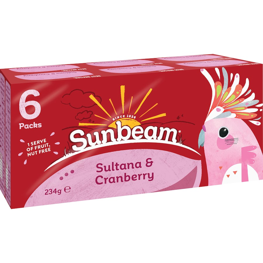 Sunbeam Fruit Snack Sultana & Cranberry 234g pack featuring chewy sultanas and tangy cranberries, ideal for healthy snacking.