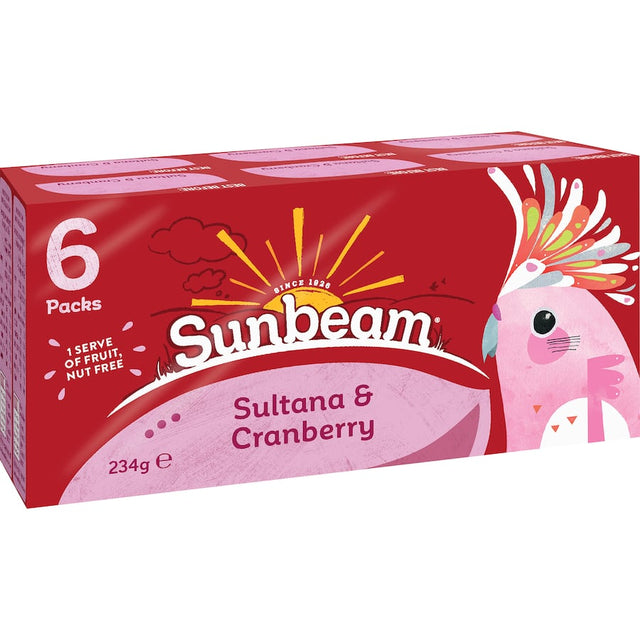 Sunbeam Fruit Snack Sultana & Cranberry 234g pack featuring chewy sultanas and tangy cranberries, ideal for healthy snacking.