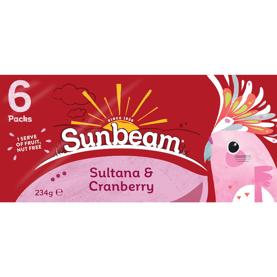 Sunbeam Fruit Snacks Sultana & Cranberry pack featuring plump sultanas and tangy cranberries for a healthy snack.