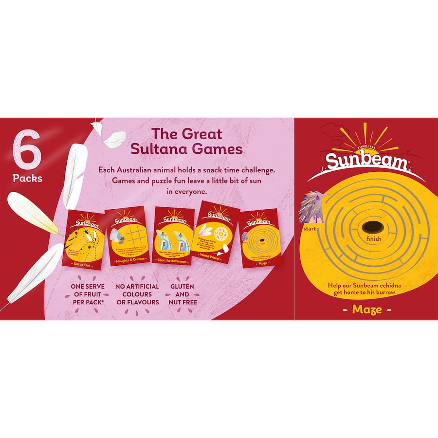 A 234g pack of Sunbeam Fruit Snack featuring chewy sultanas and tangy cranberries, perfect for healthy snacking.