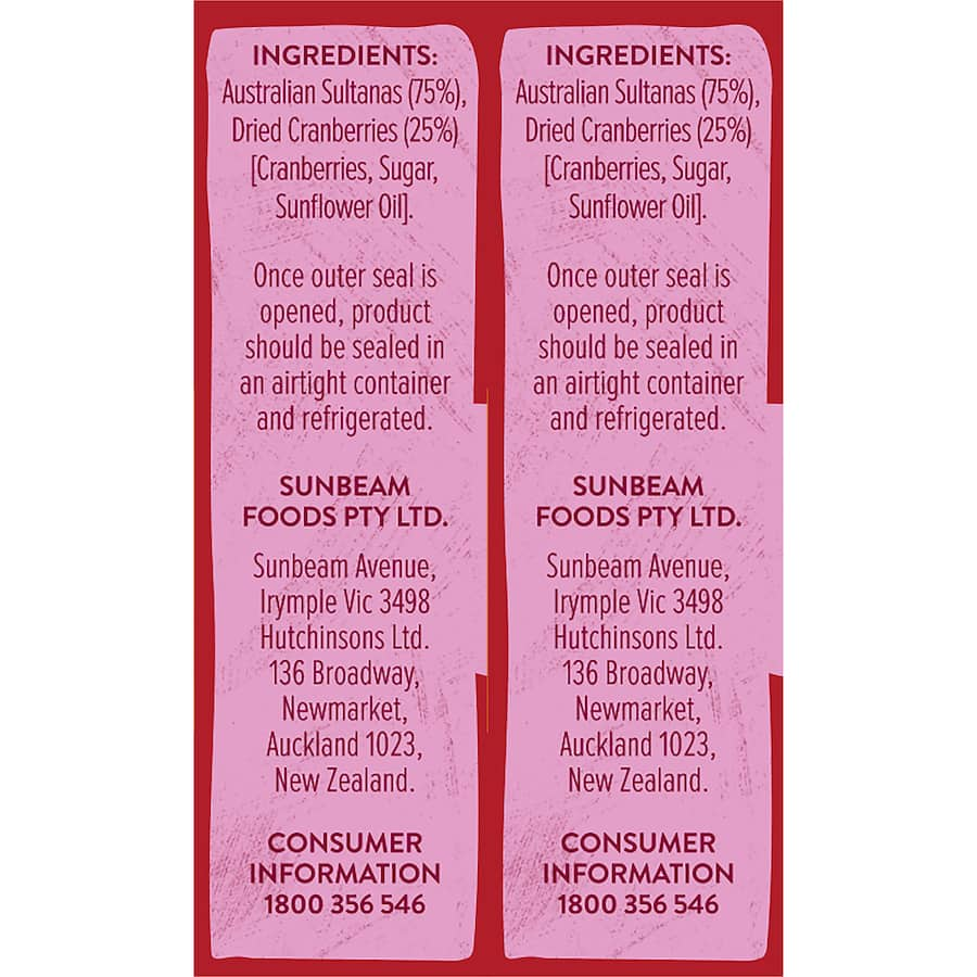 A 234g pack of Sunbeam Fruit Snacks featuring chewy sultanas and tangy cranberries, ideal for healthy snacking on-the-go.