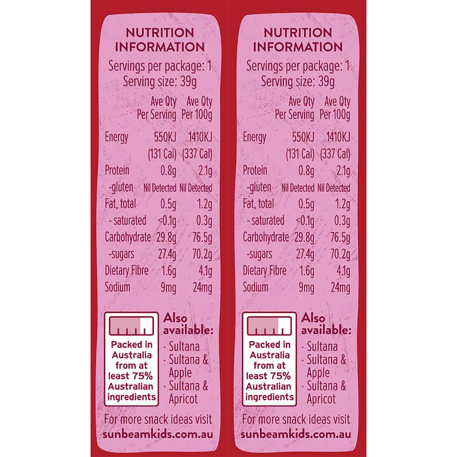 Sunbeam Fruit Snack Sultana & Cranberry pack featuring chewy sultanas and tangy cranberries for a healthy, delicious snack.