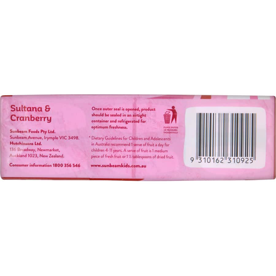 Sunbeam Fruit Snack Sultana & Cranberry 234g pack features chewy sultanas and cranberries, a tasty, healthy snack option.