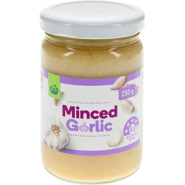 Woolworths Minced Garlic in a jar, offering 99% rehydrated garlic for flavorful, convenient cooking without additives or salt.