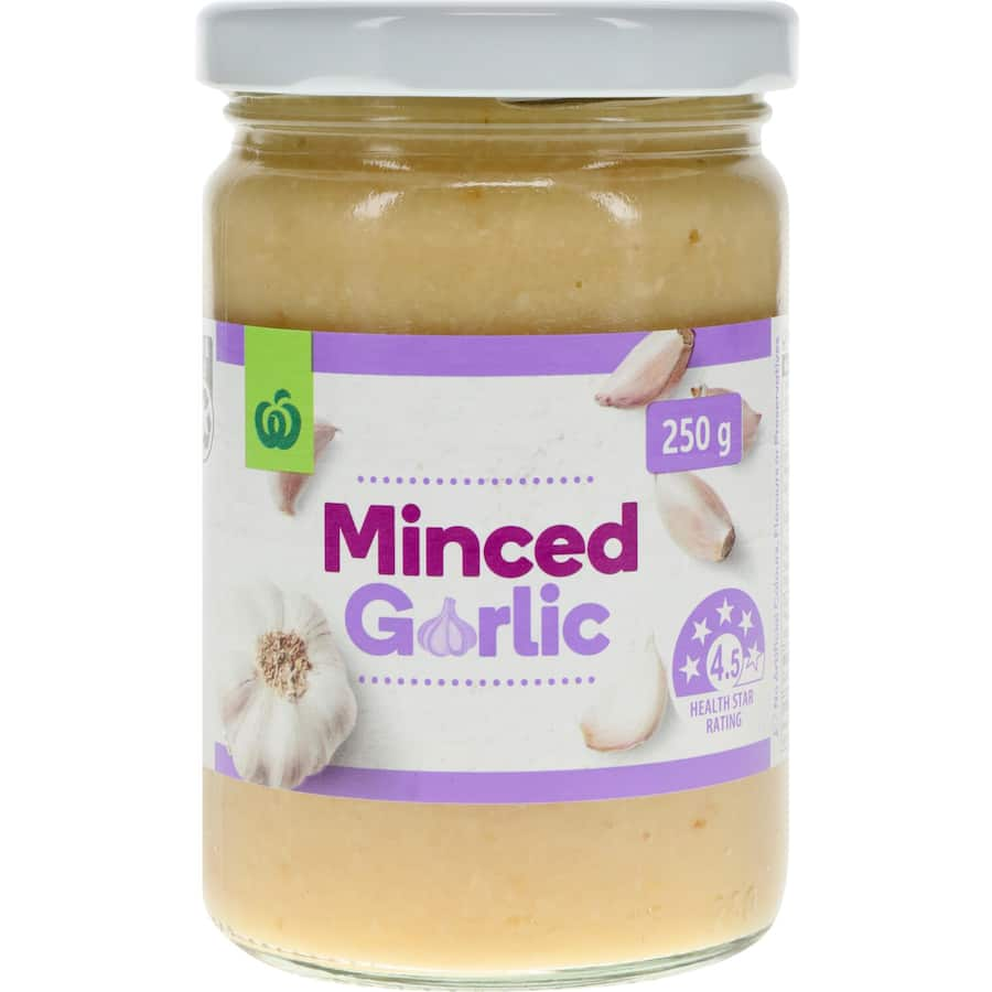 Convenient Woolworths Minced Garlic enhances dishes with pure garlic flavor, no added salt, and long shelf life.