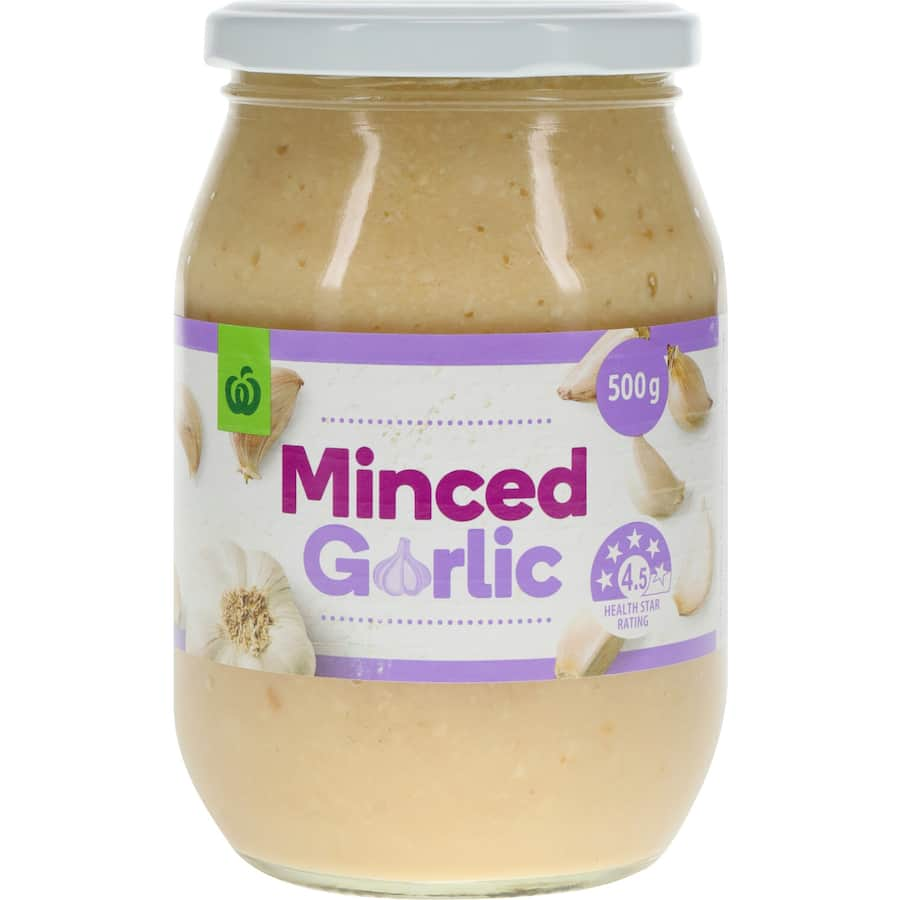 Woolworths Garlic Minced: Convenient, flavorful minced garlic for enhancing a variety of dishes, free from additives and preservatives.