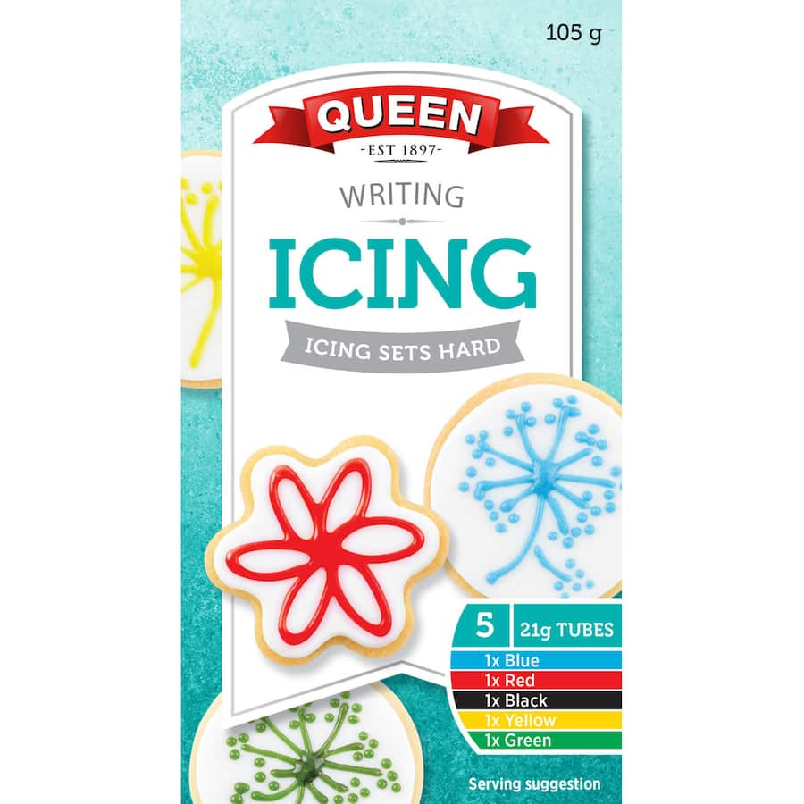 Colorful Queen Icing Writing set with five vibrant tubes for easy cake and biscuit decorating, dries in two hours.