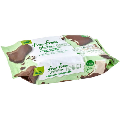 Woolworths gluten-free mint cream biscuits, featuring smooth mint filling and dark chocolate coating, perfect for snacks.