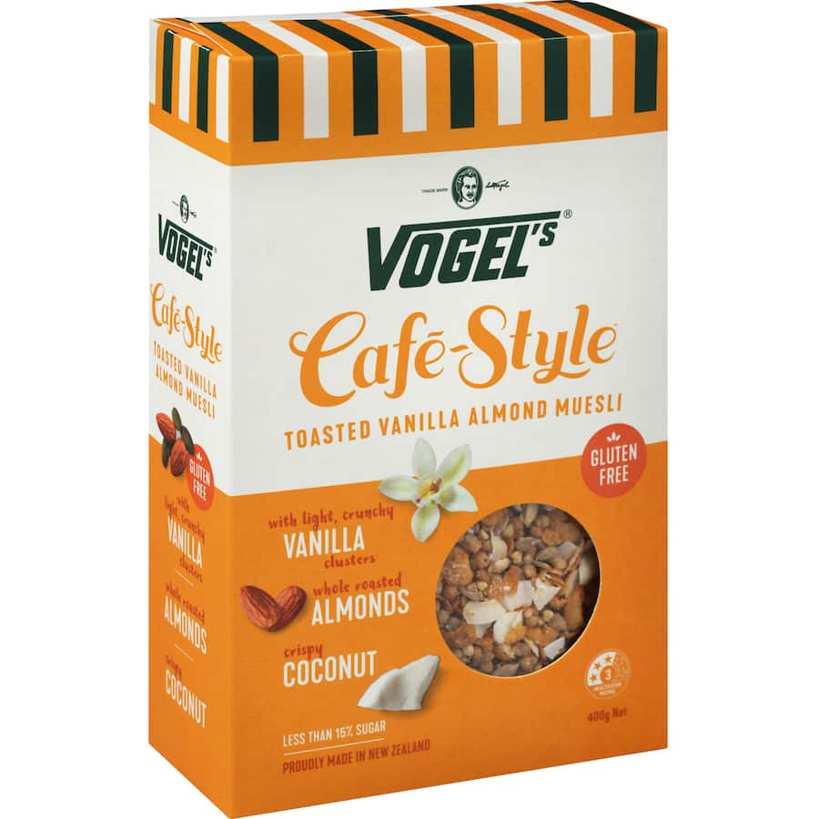 Vogels Cafe Style Muesli Vanilla & Almond featuring crispy vanilla clusters, almonds, and coconut chips for a nutritious breakfast.