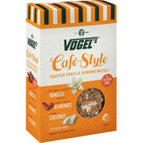 Vogels Cafe Style Muesli Vanilla & Almond featuring crispy vanilla clusters, almonds, and coconut chips for a nutritious breakfast.