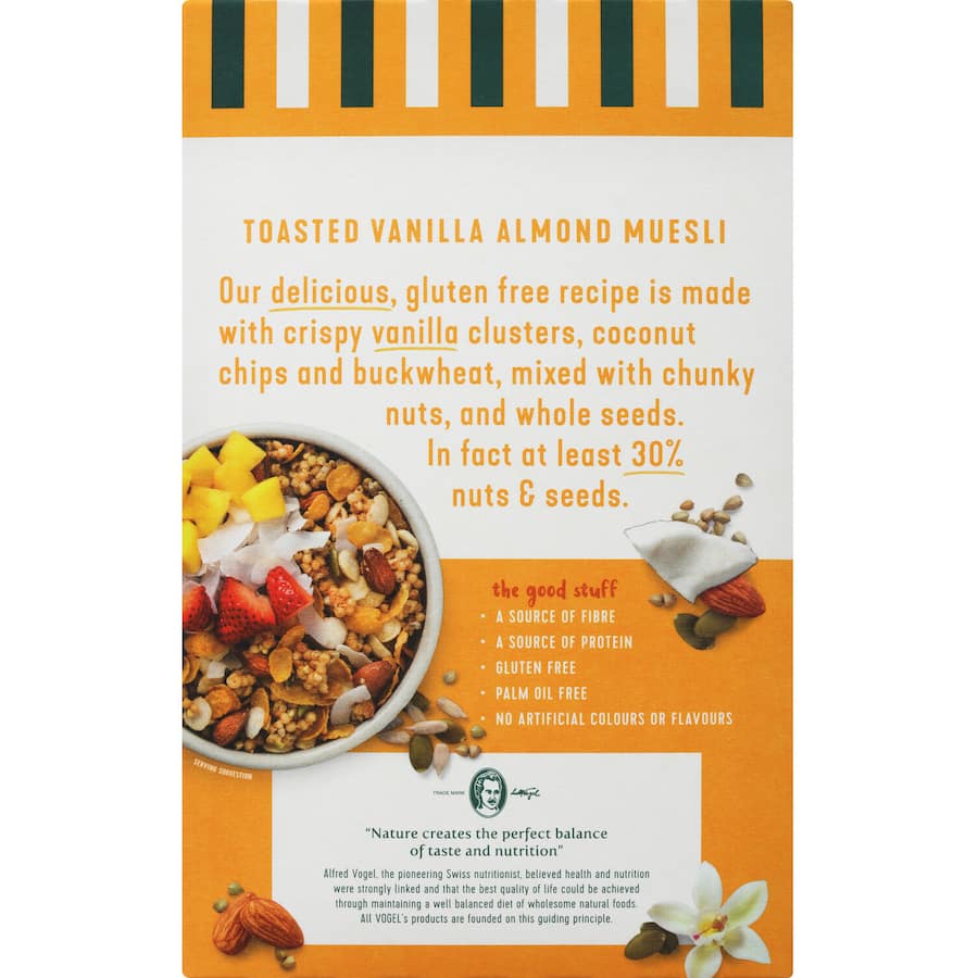 Vogels Cafe Style Muesli with vanilla, almond, coconut, and buckwheat, rich in fiber and protein for a nutritious breakfast.