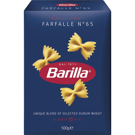 Barilla Pasta Farfalle No. 65, butterfly-shaped pasta crafted for perfect al dente texture, ideal for various dishes.