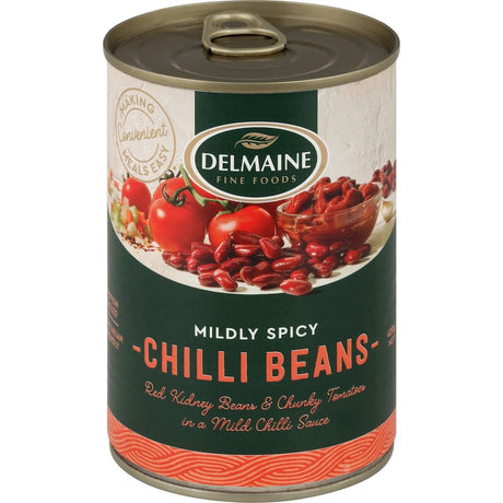 Delmaine Chilli Beans blend red kidney beans with chili, onion, tomato, and garlic for a flavorful, fat-free meal enhancer.