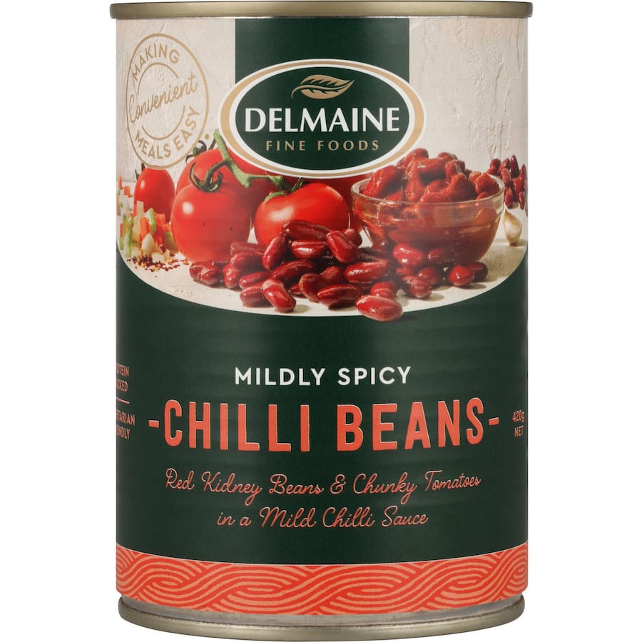 Delmaine Chilli Beans: red kidney beans with zesty chili in a savory blend of onion, tomato, and garlic, 99% fat-free.