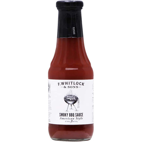 F. Whitlock & Sons Smoky BBQ Sauce bottle, showcasing rich tomato, honey, and spice blend for perfect grilling flavor.