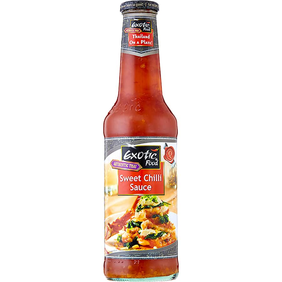 Bottle of Exotic Food Sweet Chilli Sauce, a gluten-free and vegan condiment perfect for drizzling, dipping, and cooking.