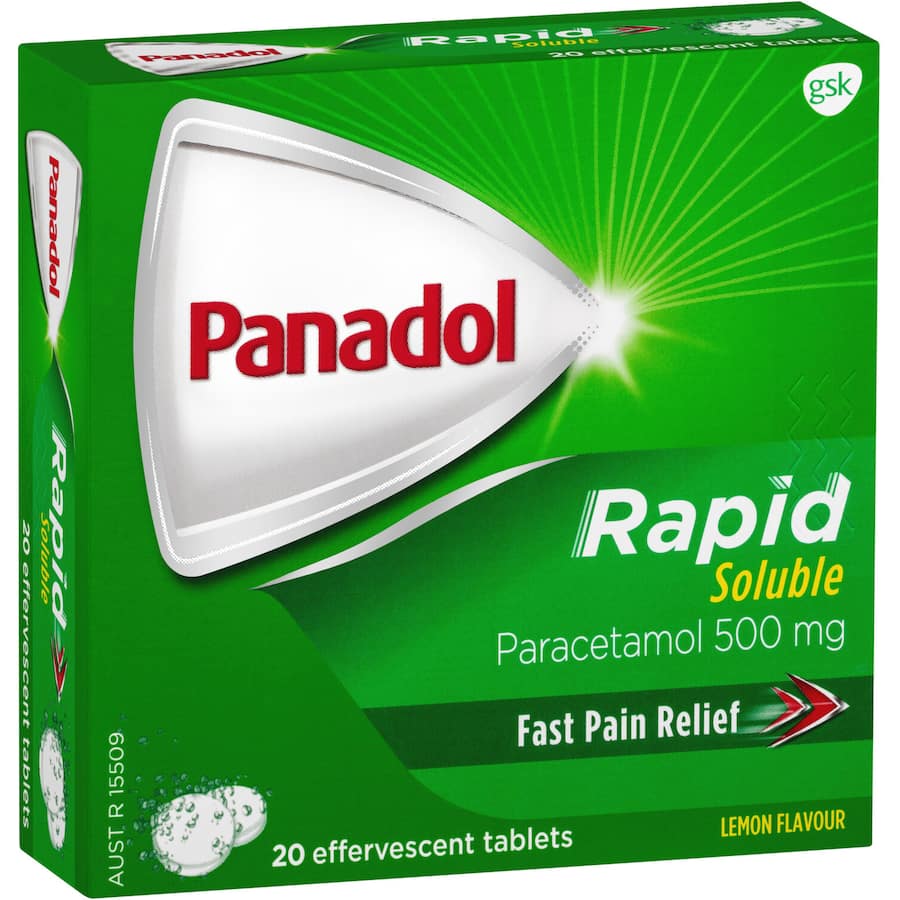 Effervescent lemon-flavored Panadol Rapid Soluble tablets for fast pain relief, dissolving quickly for effective comfort.