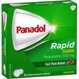 Effervescent lemon-flavored Panadol Rapid Soluble tablets for fast pain relief, dissolving quickly for effective comfort.