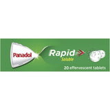 Panadol Rapid Soluble effervescent tablets dissolve quickly for fast relief from pain, featuring 500mg paracetamol in lemon flavor.