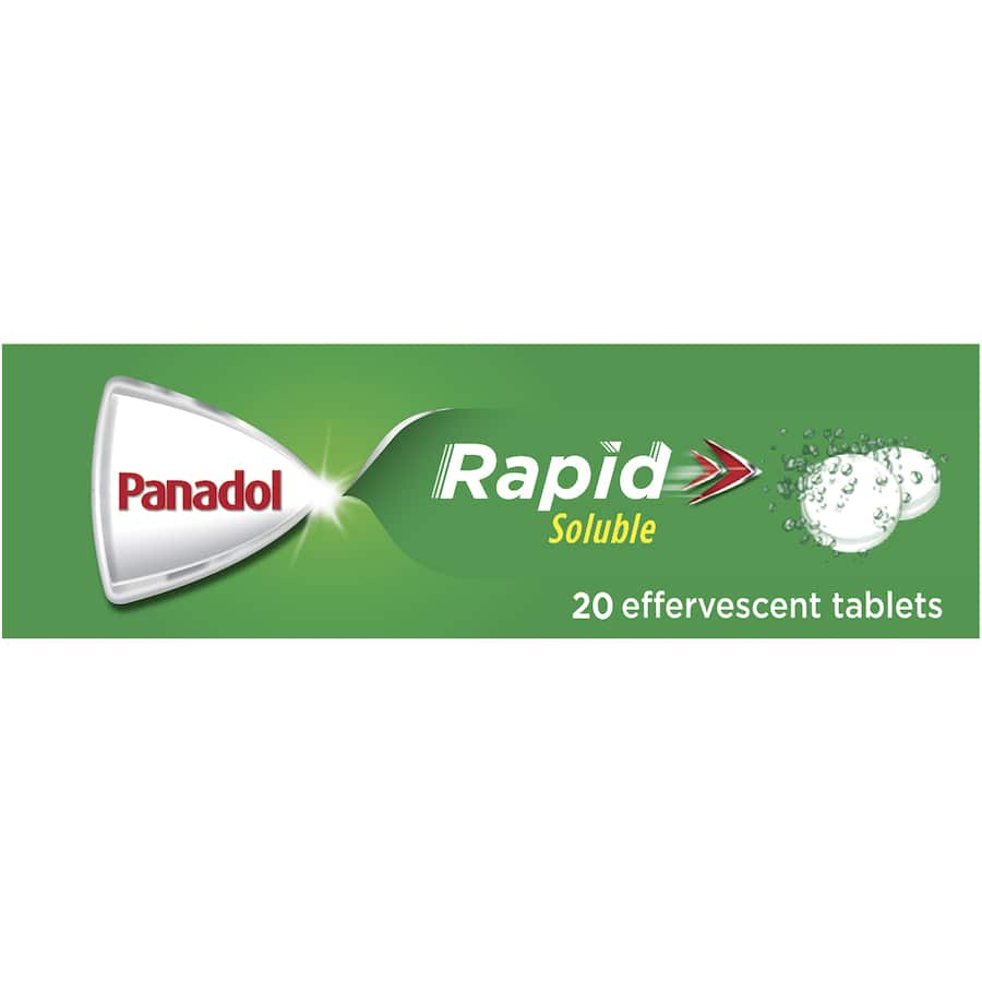 Effervescent lemon-flavored Panadol Rapid Soluble tablets for fast pain relief with 500mg paracetamol, effective against various ailments.