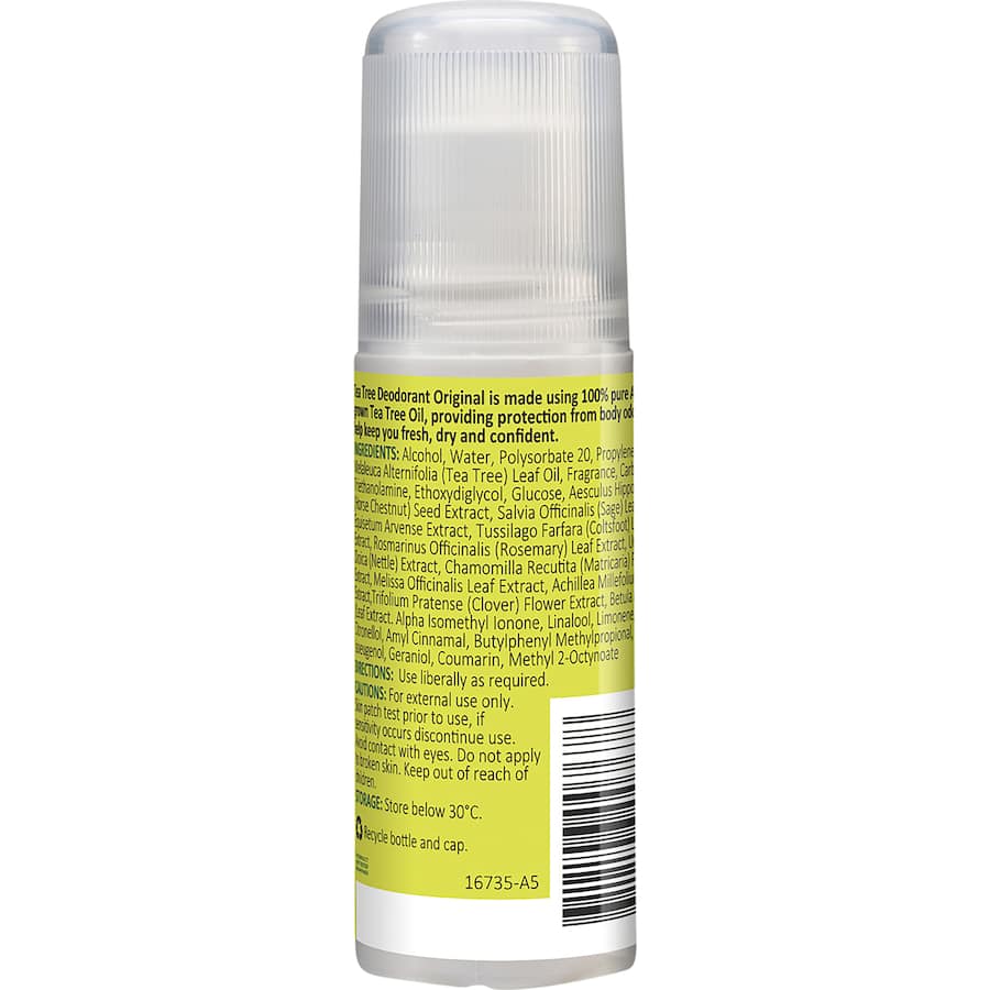 Natural roll-on deodorant featuring pure Australian tea tree oil, effective against odor with eco-friendly ingredients.