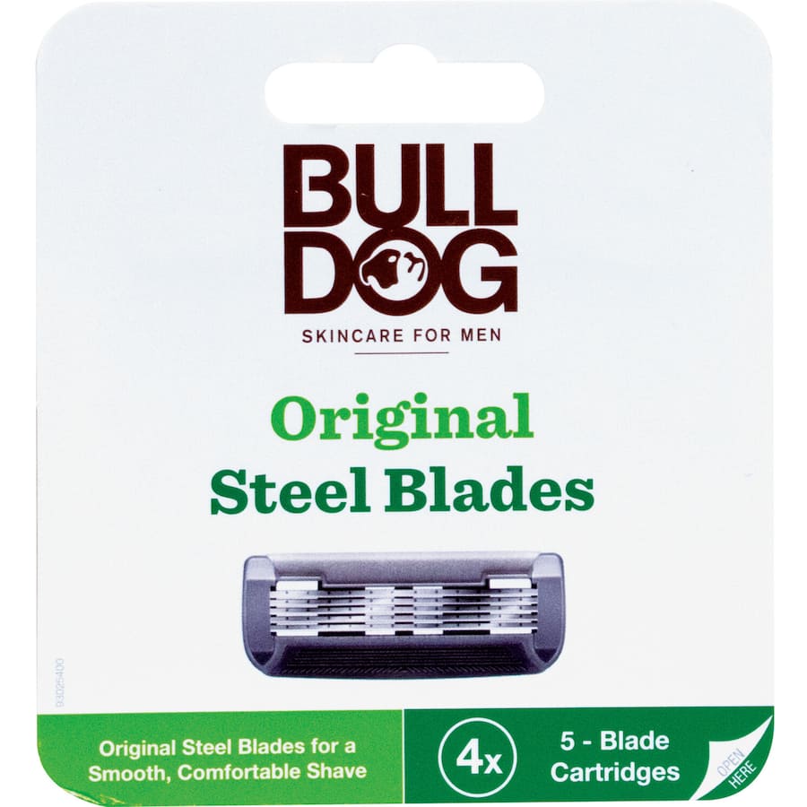 Bulldog Razor Blades Original pack with 4 tempered steel blades, aloe strip, and pivoting design for a smooth, eco-friendly shave.