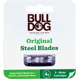 Bulldog Razor Blades Original pack with 4 tempered steel blades, aloe strip, and pivoting design for a smooth, eco-friendly shave.