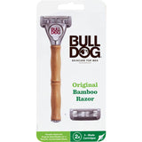 Eco-friendly Bulldog Shaver with bamboo handle, 5 steel blades, aloe strip, and pivoting design for a close shave.