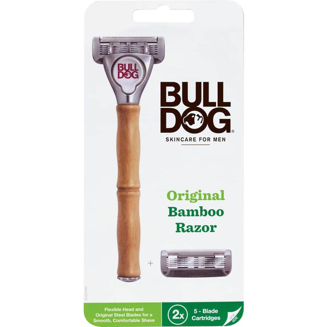 Eco-friendly Bulldog Shaver with bamboo handle, 5 steel blades, aloe strip, and pivoting design for a close shave.