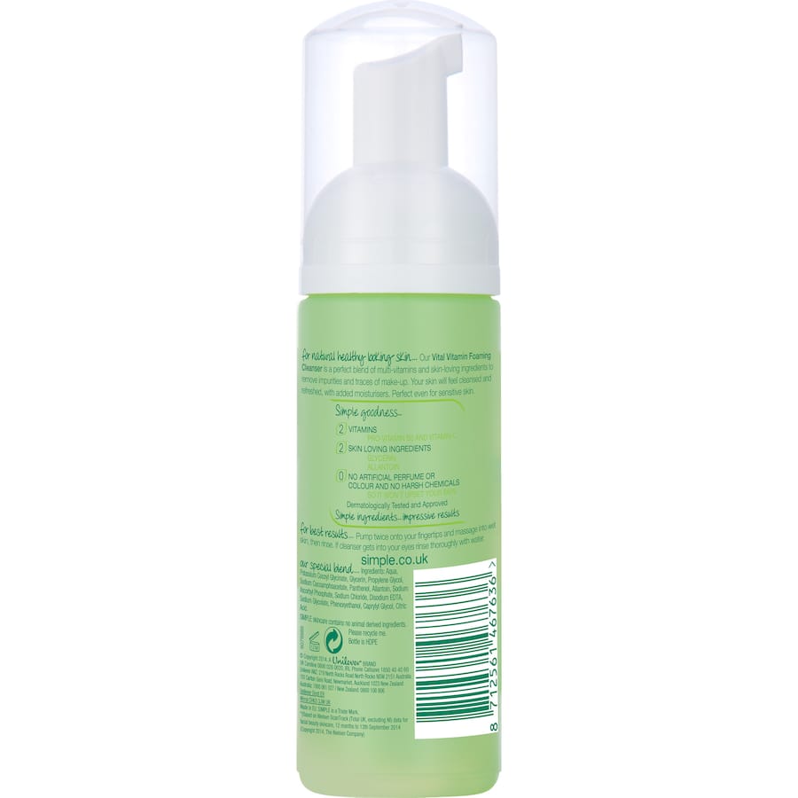 Lightweight foaming facial cleanser with vitamins, removes makeup and impurities, ideal for sensitive skin, hydrates and refreshes.