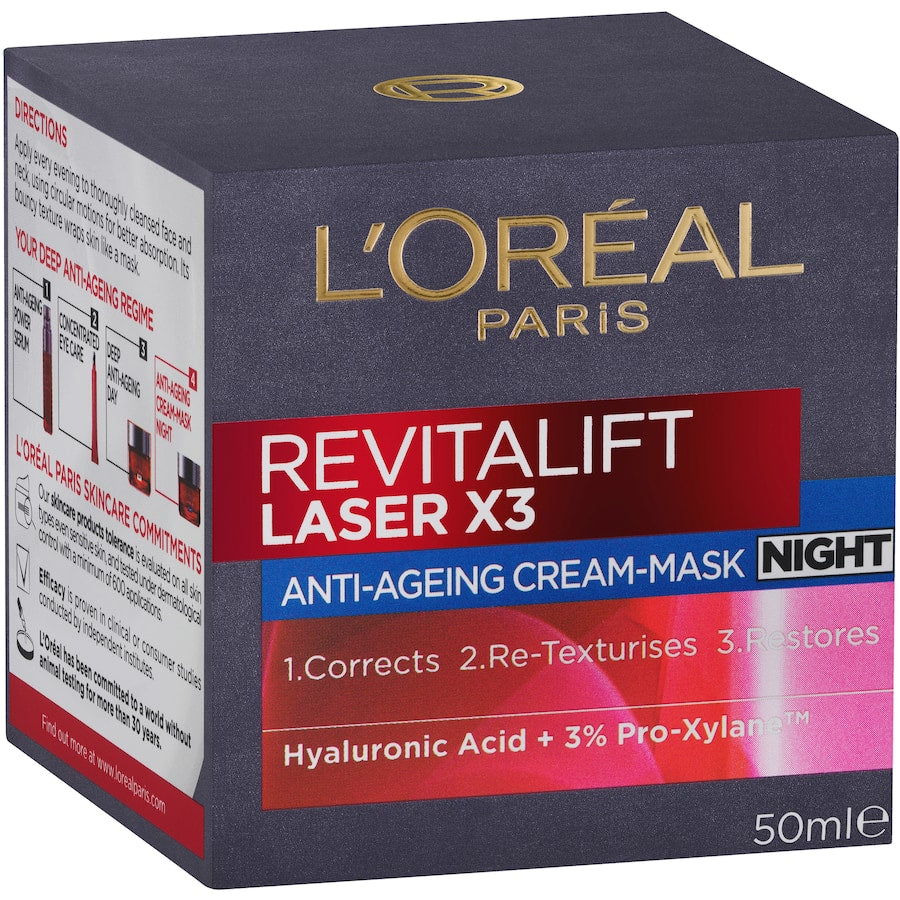 L'Oreal Revitalift Night Cream Laser X3: Anti-aging cream visibly reduces wrinkles, enhances skin firmness, and hydrates overnight.