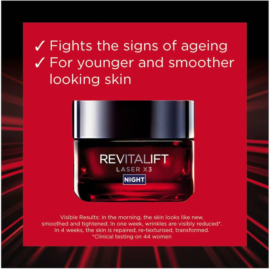 L'Oreal Revitalift Night Cream Laser X3, anti-aging cream with pro-retinol and hyaluronic acid, promotes youthful, radiant skin overnight.