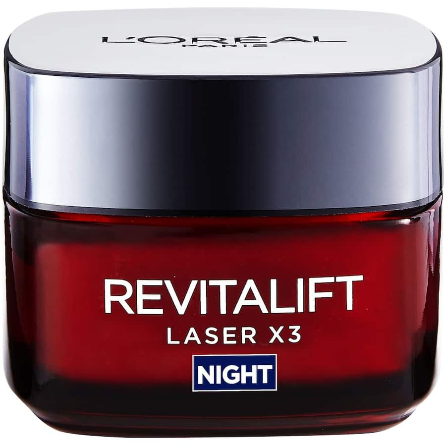 L'Oreal Revitalift Night Cream Laser X3, an anti-aging night cream for youthful, radiant skin, enriched with pro-retinol and hyaluronic acid.