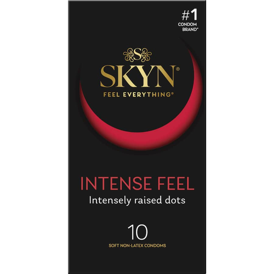 Skyn Condoms Intense Feel feature wave texture and raised dots for maximum pleasure and natural skin sensation.