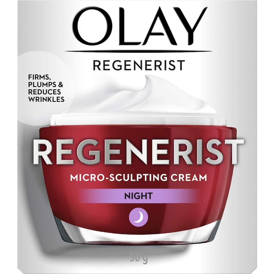 Olay Regenerist Microsculpting Night Face Cream for firmer, hydrated skin, reduces wrinkles and enhances elasticity overnight.