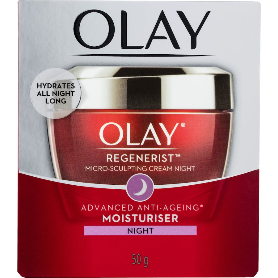 Olay Regenerist Microsculpting Night Face Cream for anti-aging, hydration, and youthfully plump skin overnight.