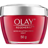 Olay Regenerist Microsculpting Night Face Cream for overnight skin hydration, reducing wrinkles and enhancing elasticity, 28-day results.